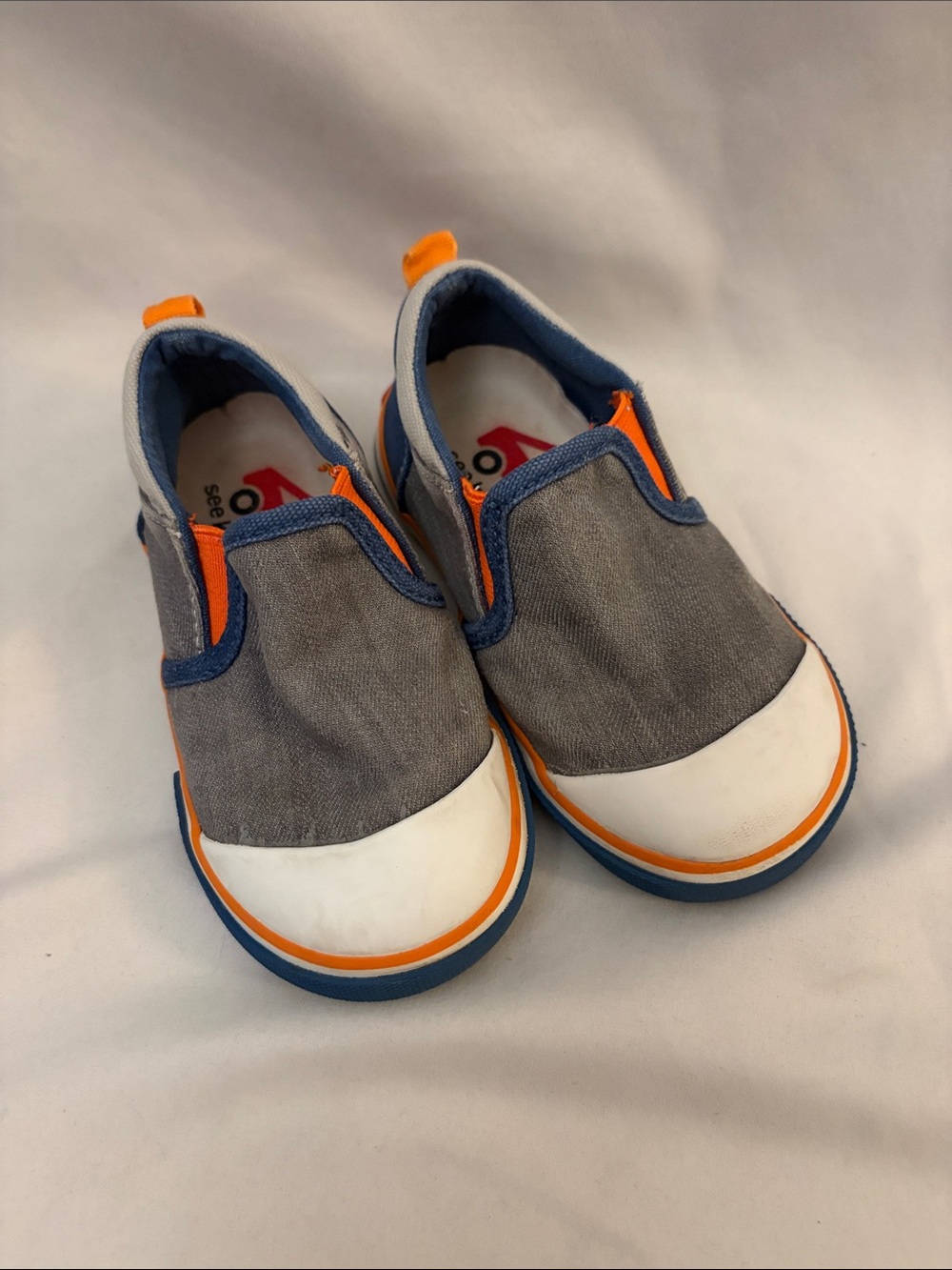 See Kai Run Gray and Blue Slip-On Sneakers with Orange Trim